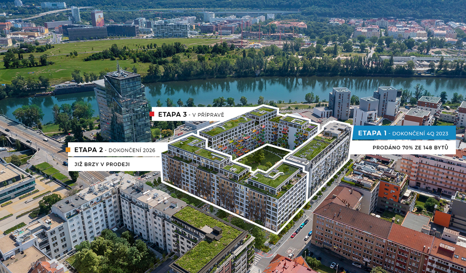 <b>ETAPA 2 a 3 jsou tvořeny novostavbou</b><br>která vytvoří typický rezidenční blok