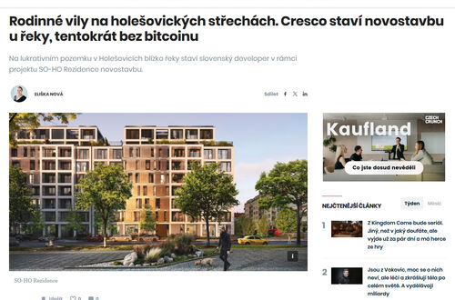 Rodinné vily na holešovických střechách. Cresco staví novostavbu u řeky, tentokrát bez bitcoinu