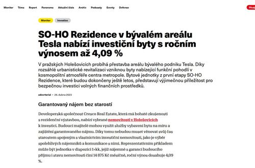 SO-HO Rezidence v bývalém areálu Tesla nabízí investiční byty s ročním výnosem až 4,09 %