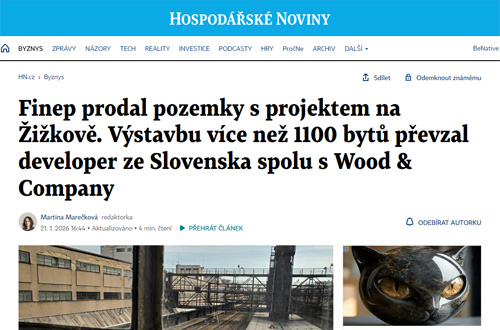 Finep prodal pozemky s projektem na Žižkově. Výstavbu více než 1100 bytů převzal developer ze Slovenska spolu s Wood & Company