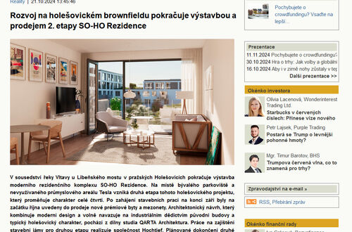 Rozvoj na holešovickém brownfieldu pokračuje výstavbou a prodejem 2. etapy SO-HO Rezidence