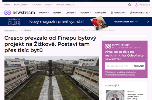 Cresco převzalo od Finepu bytový projekt na Žižkově. Postaví tam přes tisíc bytů